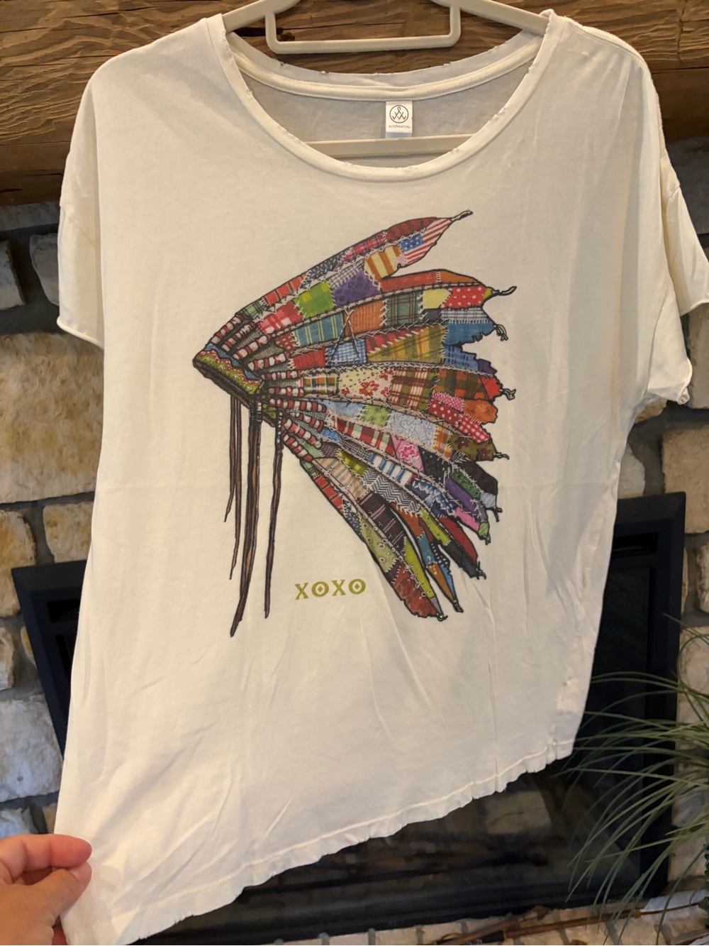 XOXO White Graphic Tee with Colorful Feather Headdress